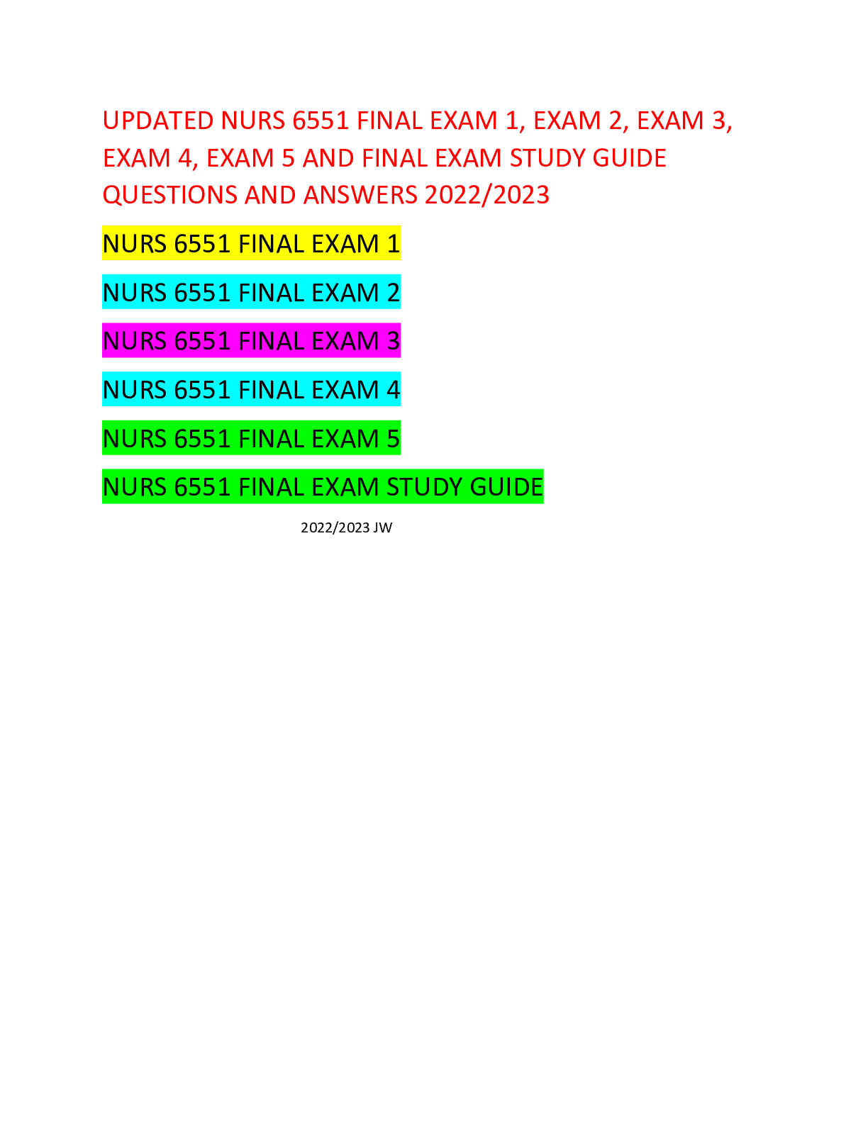 Preview image for NURS 6551 FINAL EXAM 1, EXAM 2, EXAM 3, EXAM 4, EXAM 5 AND FINAL EXAM STUDY GUIDE UPDATED  QUESTIONS AND ANSWERS 2022/2023